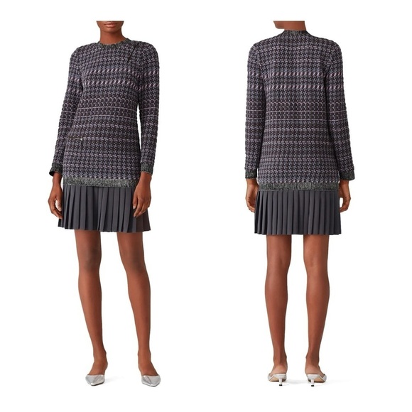 Nicole Miller Artelier Gray Houndstooth Cotton Silk Blend Pleated Hem Dress L - Picture 1 of 16